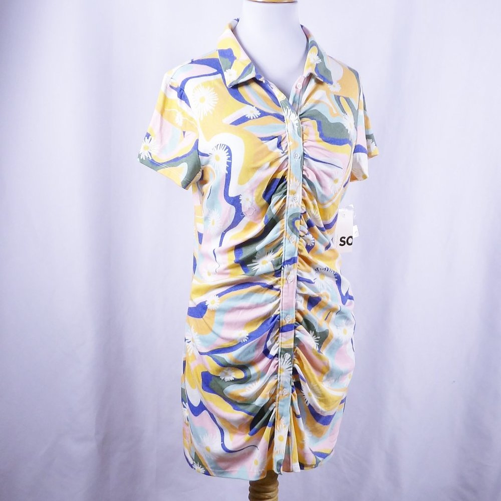 SO Ruched Button Down Juniors Bodycon Dress Retro Look Floral Print NWT - Picture 3 of 8